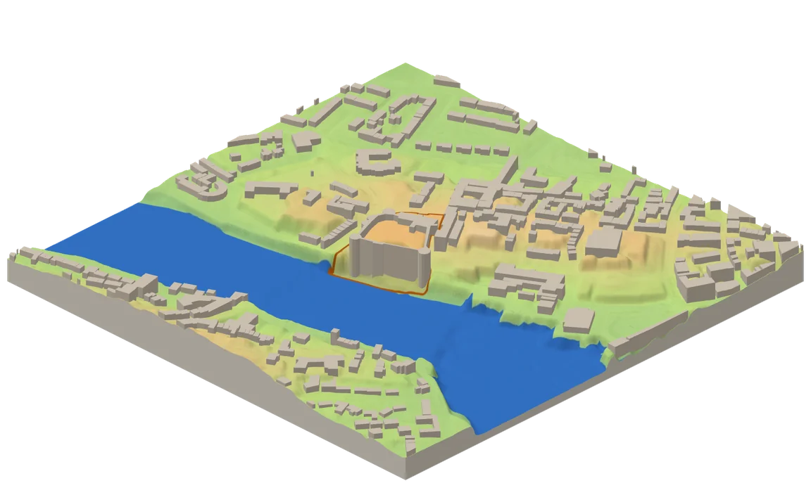 3D terrain block for King John's Castle, Limerick, with buildings and the River Shannon